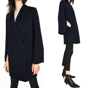Zara Basic Outerwear Navy Blue Wool Longline Double Breasted Blazer Coat Size XS